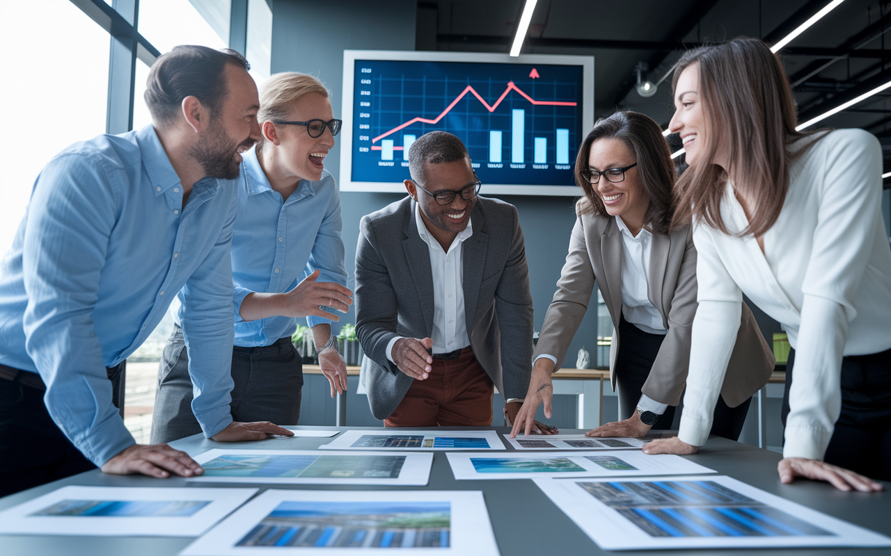 A diverse group of upbeat property management professionals in a modern office space, discussing strategies for managing real estate investments. The scene shows charts on a screen with upward trends, plans for properties on a table, and the team collaborating enthusiastically. The lighting is bright, fostering a productive and optimistic atmosphere.