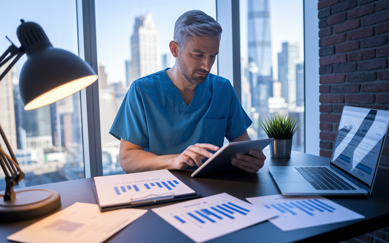 A focused physician in scrubs, reviewing rental property listings on a tablet while seated at a sleek office desk. Around the desk, there are financial reports, a laptop displaying real estate market trends, and a window view of a bustling cityscape. The warm lighting from a desk lamp creates a cozy atmosphere, contrasting with the modern decor, encapsulating the concept of diversified investment strategies.