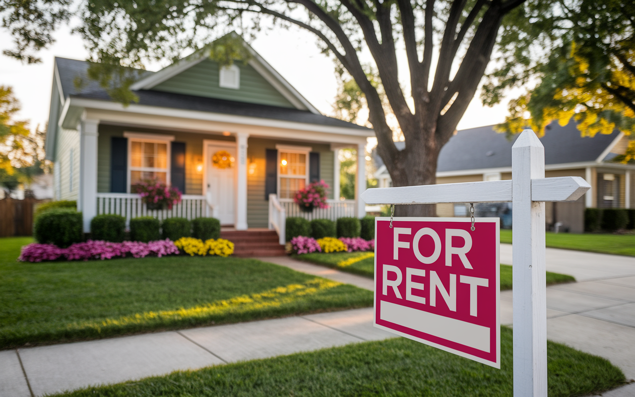 A charming single-family rental property located in a suburban neighborhood, featuring a well-manicured lawn, colorful flowers, and a welcoming front porch. A 'For Rent' sign is subtly placed in front, emphasizing its appeal to potential tenants. The scene is illuminated by golden hour lighting, enhancing the inviting essence of the property.