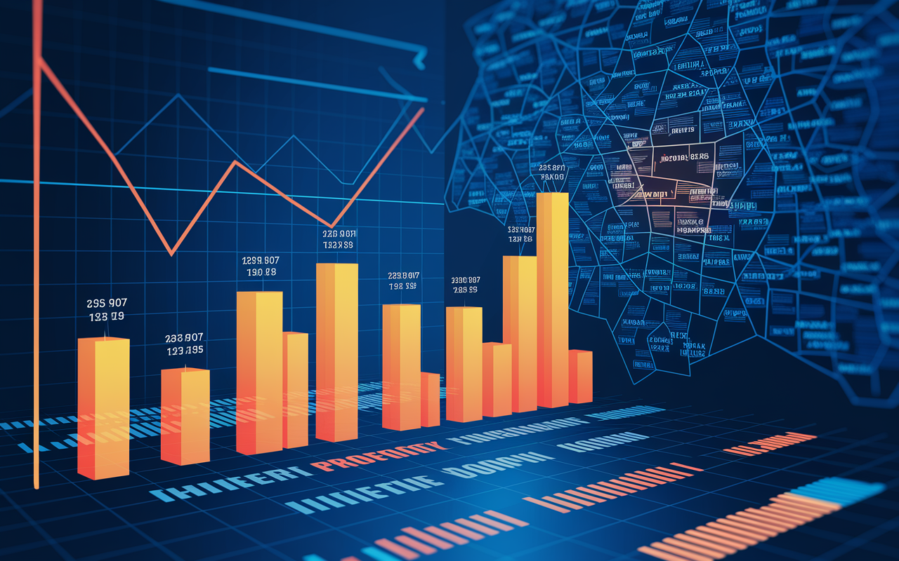 A dynamic visualization chart showcasing real estate market trends, with graphs indicating property value growth, rental income increases, and housing demand. The background features a digital map highlighting various neighborhoods, illuminating the importance of location in investment decisions. Bright colors and clear data points create a sense of urgency and opportunity.