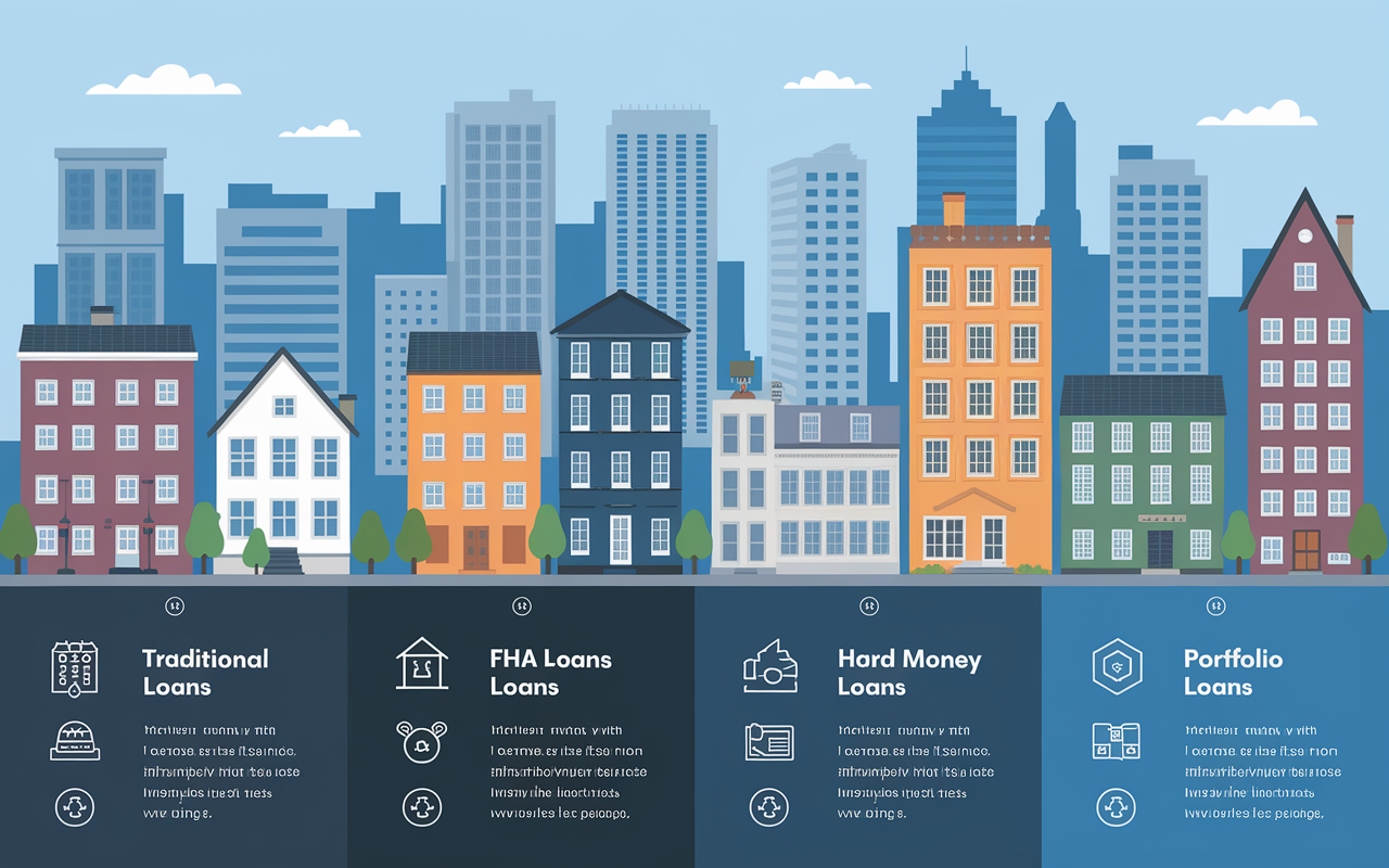 An infographic demonstrating various financing options for real estate investments, featuring visuals of traditional loans, FHA loans, hard money loans, and portfolio loans. Each loan type is illustrated with clear icons and short descriptions that emphasize benefits and eligibility criteria, set against a backdrop of diverse urban properties.