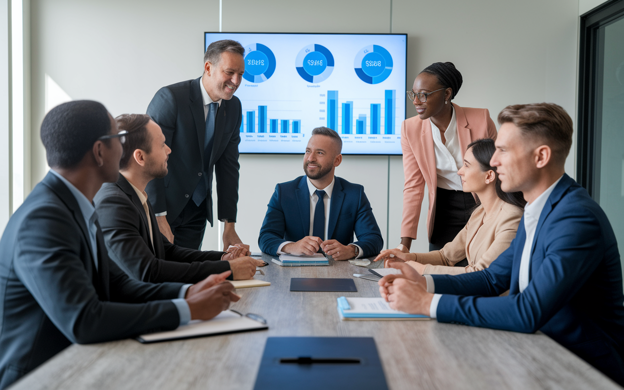 A diverse team of professionals meeting around a conference table, discussing real estate investment strategies. The team includes a real estate agent, attorney, tax professional, and property manager, all engaged in a productive conversation with property portfolios and market analysis charts displayed on a screen. The atmosphere is collaborative, demonstrating the importance of teamwork in real estate investing.