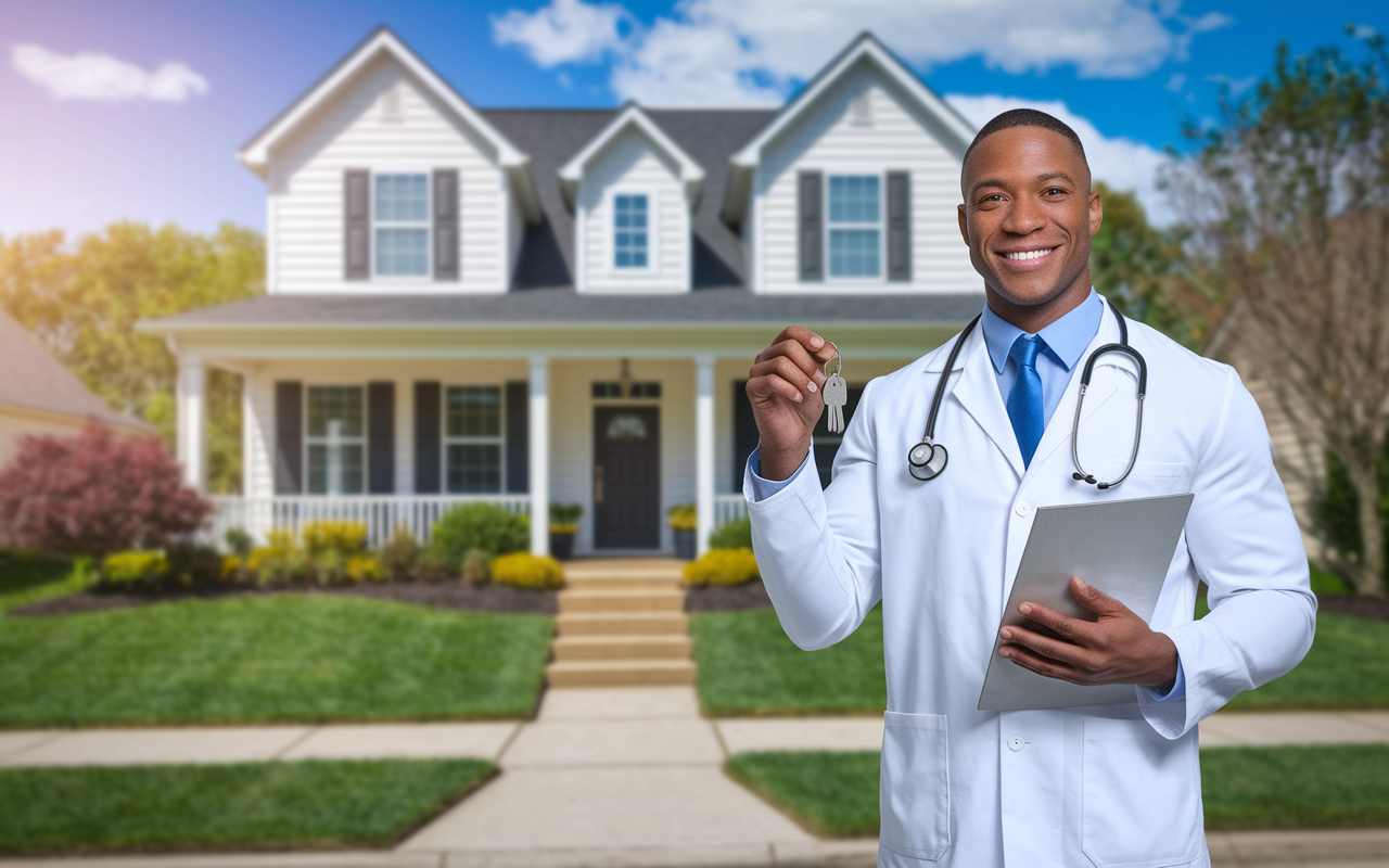 A successful physician standing proudly in front of a well-maintained rental property, representing a strong real estate investment. The scene captures a sense of achievement, with a bright blue sky and lush landscaping in the background. The physician is dressed in professional attire, holding investment documents and a set of keys, symbolizing success in diversifying their portfolio through real estate.