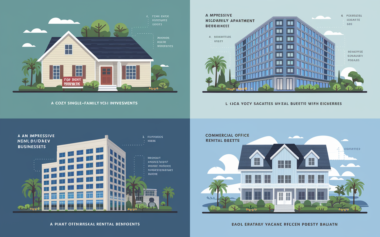 A detailed infographic illustrating different types of real estate investments: 1. A cozy single-family home with a 'For Rent' sign in front, 2. A modern multi-family apartment building bustling with residents, 3. An impressive commercial office building with businesses inside, 4. A picturesque vacation rental property with ocean views. Each type is annotated with key features and potential benefits, surrounded by a soft blue and green color palette, conveying confidence and professionalism.