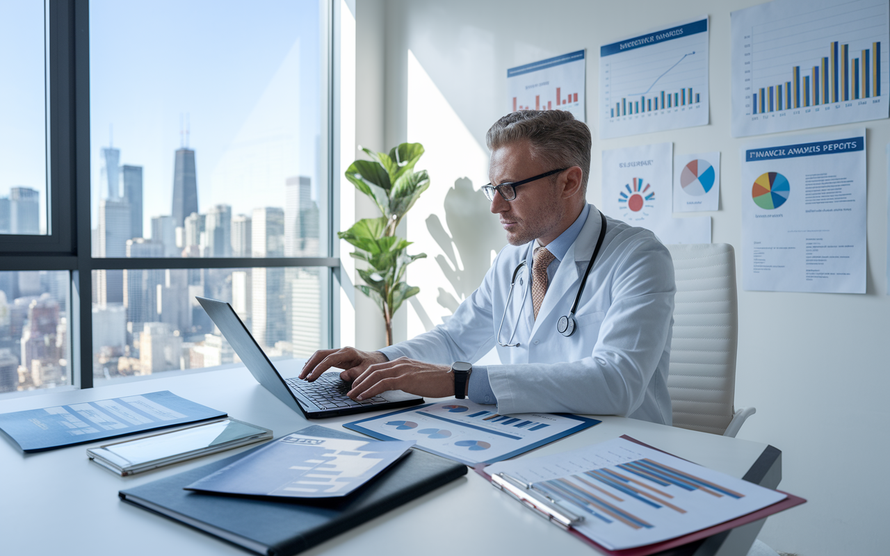 A focused physician analyzing real estate data on a laptop, sitting at a well-organized desk surrounded by property brochures and financial analysis reports. The room is bright and modern, featuring a white board with various charts and graphs depicting market trends. A large window offers a view of a city skyline, signifying opportunities. The scene conveys determination, professionalism, and a proactive approach to financial planning.