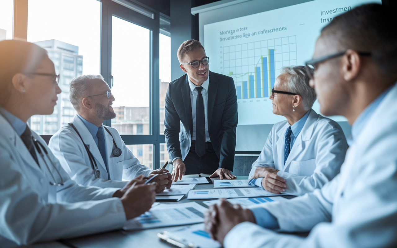 A professional financial consultant discussing investment options with a group of physicians, who are attentively reviewing financial documents and charts. The setting is a modern office with large windows allowing natural light to flood in. The atmosphere is collaborative and inspiring, with charts showing mortgage rates and investment returns displayed on a projector screen, emphasizing knowledge and informed decision-making.