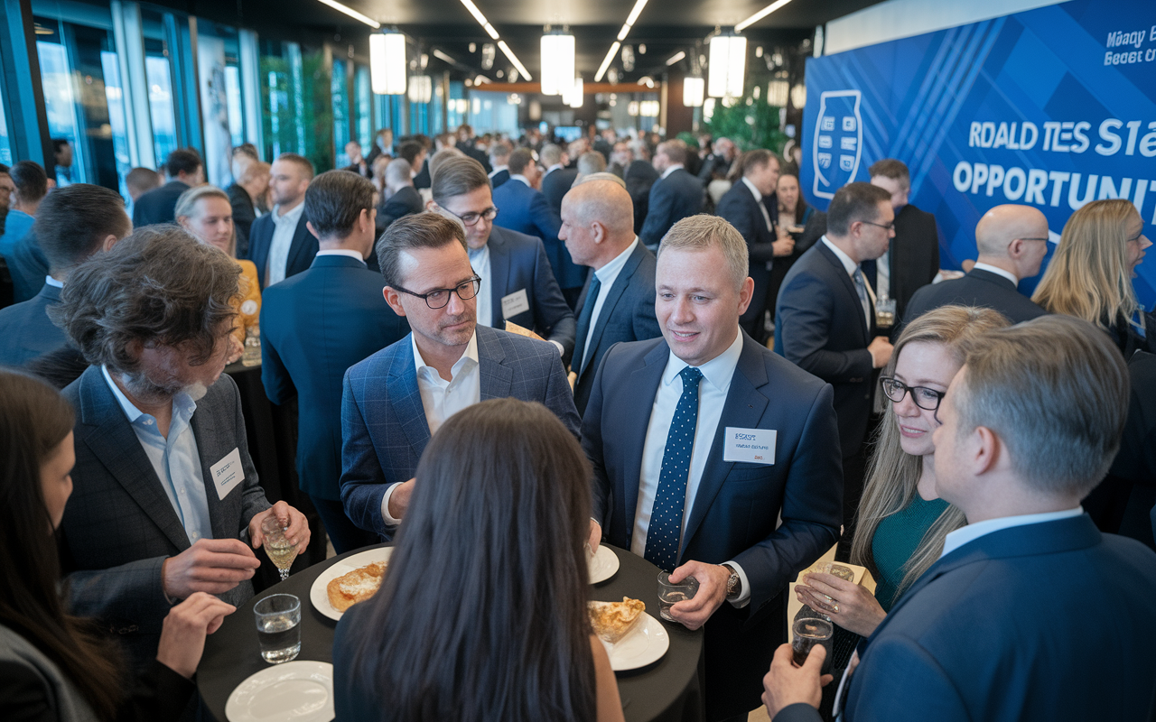 A lively real estate networking event at a stylish venue, where physicians and real estate professionals engage in conversations over refreshments. Name tags are visible, and discussions are animated, with a backdrop of a large banner displaying 'Real Estate Opportunities'. The atmosphere is electric and hopeful, filled with people exchanging ideas and business cards, indicating a thriving investment community.