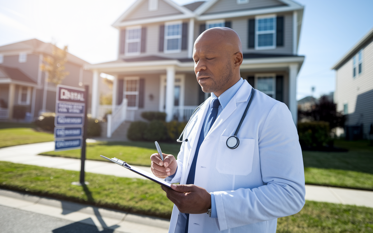 A physician standing in front of a potential investment property, taking notes on a clipboard while examining the property’s exterior and neighborhood. The house is in a suburban area with manicured lawns and sunny skies. There are clear signs indicating the potential for rental opportunities, and the physician appears thoughtful and strategic, emphasizing the importance of location and assessment in the evaluation process.