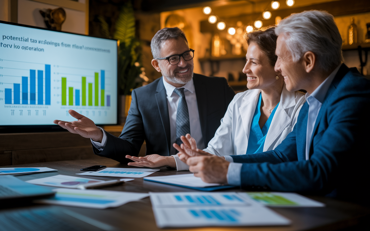 A financial advisor presenting a tax strategy to a physician couple in a cozy office setting. Graphs and charts showing potential tax savings from real estate investments are displayed on a screen. The couple appears engaged and eager, with papers and reports on the table indicating thorough preparation. Warm lighting adds a touch of professionalism, showcasing the importance of financial planning in real estate investing.