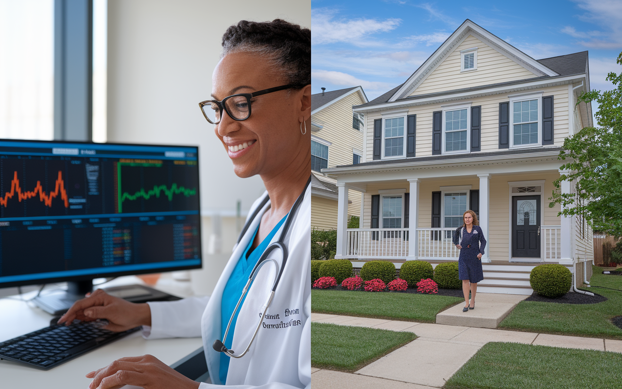 A split image showing Dr. Smith, a cardiologist, in her office and at one of her well-maintained rental properties. In her office, she is analyzing property performance data, while on the other side, she is interacting with tenants, showcasing a vibrant rental space. The contrasting scenes highlight her dual role as a dedicated physician and a successful real estate investor, with an optimistic atmosphere indicating her growing portfolio.