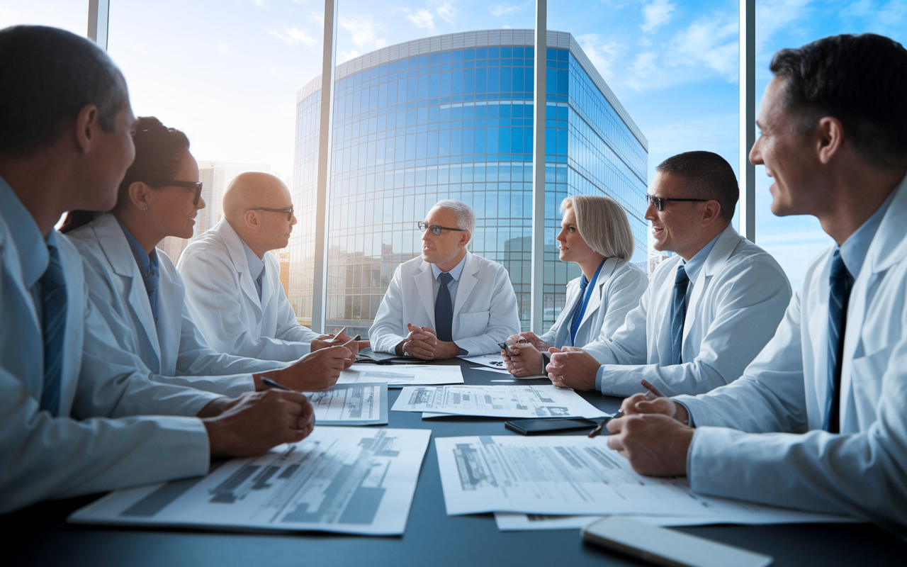 A professional meeting of physicians discussing their successful acquisition of a commercial medical office building. They are seated around a conference table, with architectural plans and financial projections visible. The ambiance is collaborative and focused, with a large window showcasing the office building in the background, reflecting success and strategic planning in real estate investing for medical professionals.