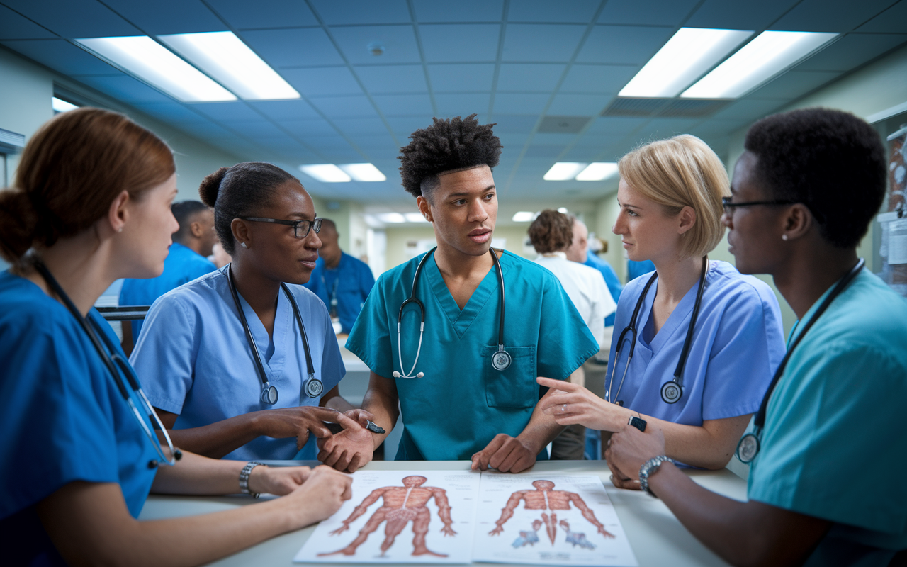 A dynamic depiction of an International Medical Graduate (IMG) participating in a clinical rotation at a busy U.S. hospital. The IMG, dressed in scrubs, is interacting with a diverse team of healthcare professionals, discussing a patient case in a consultation room filled with anatomical charts and medical equipment. The atmosphere is collaborative, with bright overhead lighting highlighting the urgency and energy of the healthcare environment.