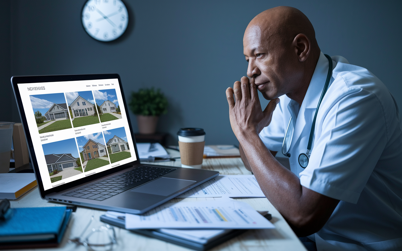 A physician seated at a desk cluttered with paperwork and a laptop, deeply engaged in online research on a real estate website. The screen shows vibrant property listings with pictures of homes. A coffee cup sits nearby, and a wall clock shows late hours, conveying the dedication and time crunch faced by busy healthcare professionals.