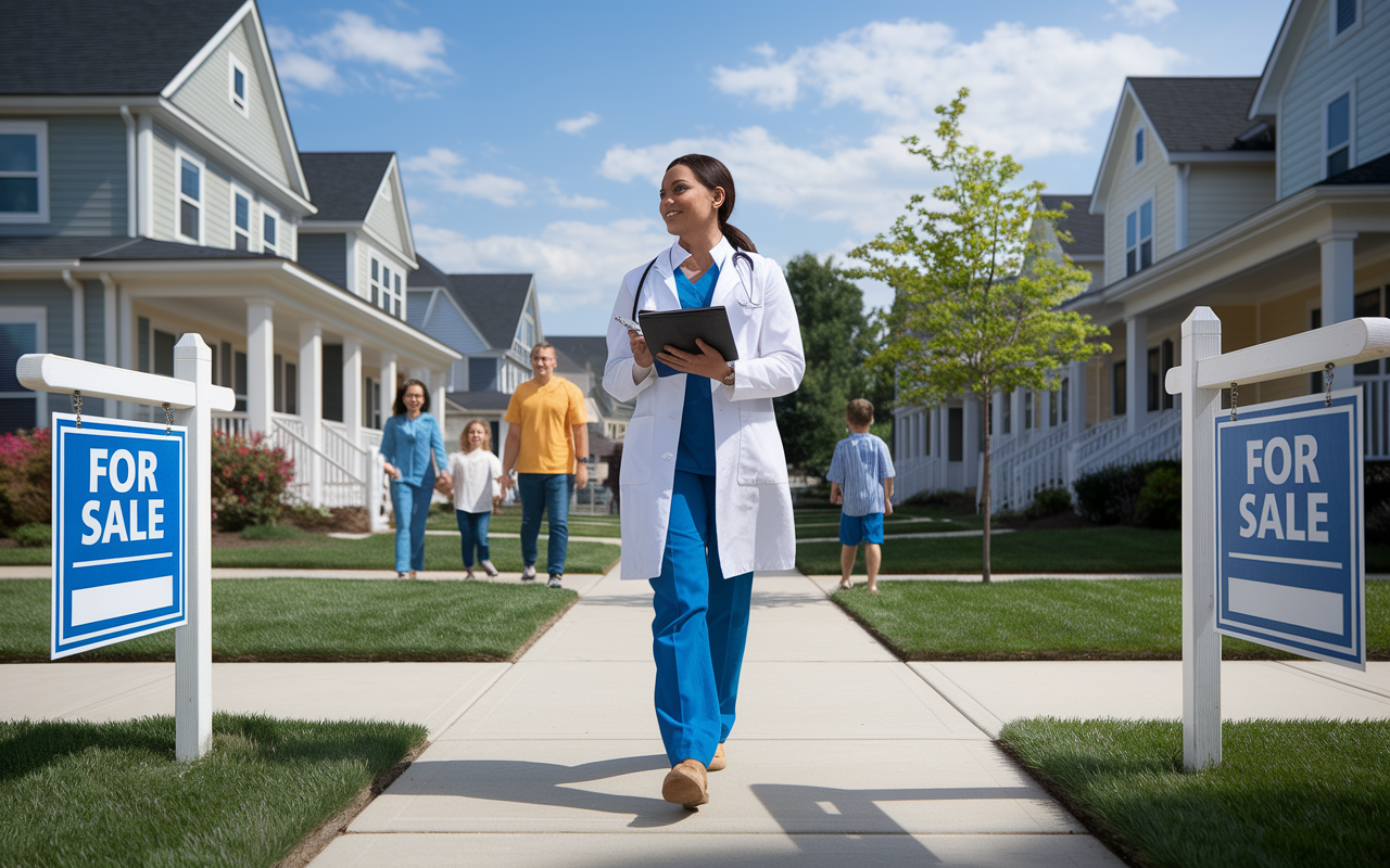 A physician walking through a charming neighborhood, notebook in hand, jotting down observations. The setting features diverse homes with 'For Sale' signs, green parks, and families strolling, illustrating a community's vibrancy. Bright, sunny day enhances the inviting atmosphere, emphasizing the importance of location in real estate investment.