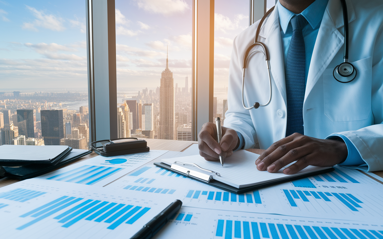 A physician reviewing documents and drafting an exit strategy on a notepad, surrounded by graphs and market analysis charts. The room is filled with natural light, with a large window showcasing a cityscape, symbolizing investment opportunities and the importance of strategic planning in real estate.