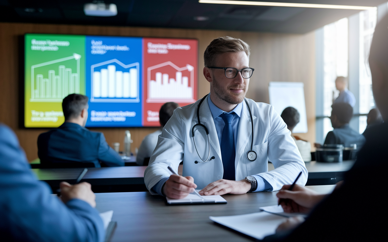 A physician in a modern conference room, actively participating in a real estate seminar. The scene showcases vibrant presentations on market trends and investment strategies on a screen in front. Attentive attendees take notes, under bright lighting that emphasizes a collaborative learning environment.