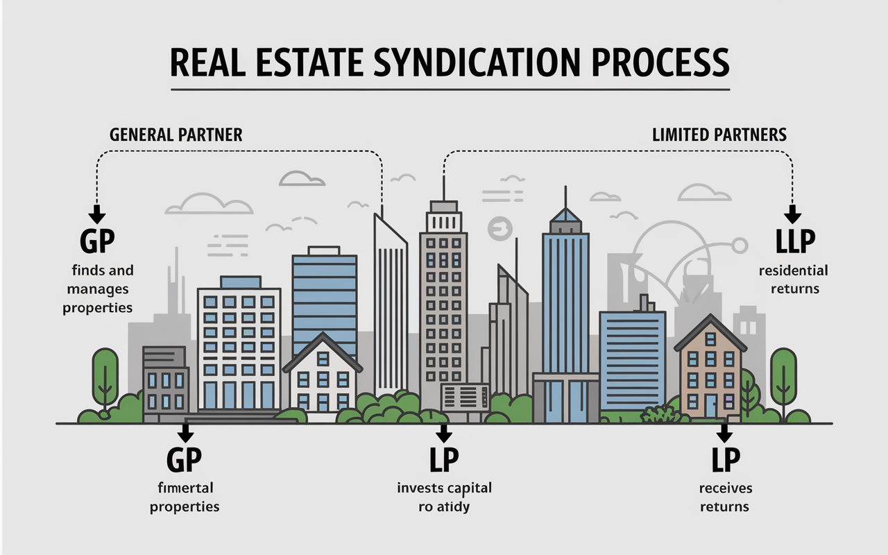 An informative, detailed flowchart illustrating the real estate syndication process. The chart features two main roles: General Partner (GP) and Limited Partners (LP). The GP finds and manages properties while the LP invests capital and receives returns. The backdrop includes elements of real estate like skyscrapers, commercial buildings, and residential homes, encapsulating the essence of investment. The color scheme is professional, with clean lines and organized sections for clarity.