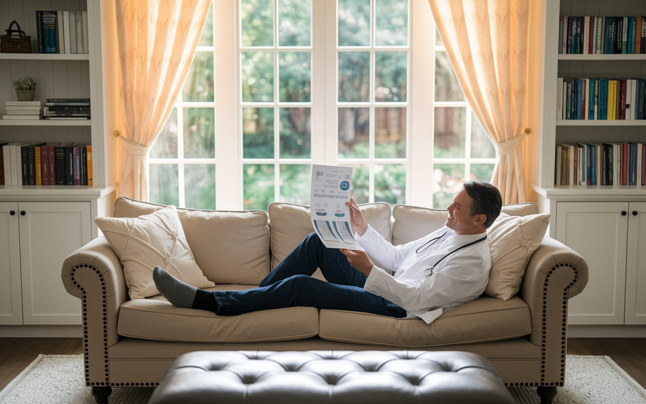 A serene scene of a physician in casual attire, lounging on a comfortable sofa in a well-decorated living room, happily reviewing financial statements that indicate passive income from a real estate syndication. Soft golden light filters through window curtains, creating a warm and comfortable atmosphere. The room is adorned with bookshelves filled with medical and investment books, while a window view shows a peaceful garden outside, symbolizing success and relaxation.