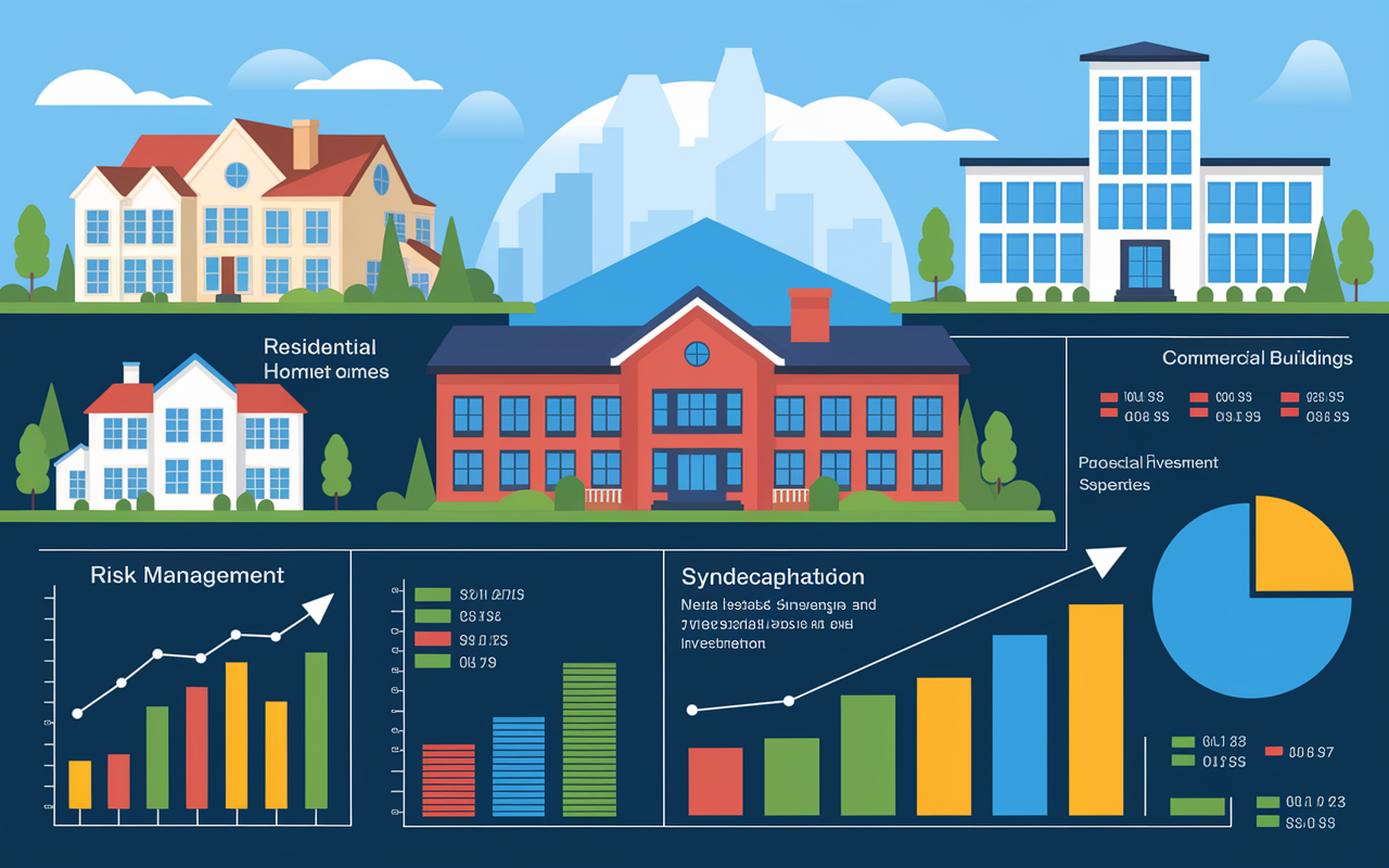 A visually appealing representation of a diverse investment portfolio, including vibrant infographics of various assets: residential homes, commercial buildings, and industrial properties. The image showcases bar graphs and pie charts detailing risk management aspects and how real estate syndication fits into a physician’s overall investment strategy. Bright, engaging colors create a sense of optimism and well-planned investment. The background features a blue sky with clouds, symbolizing financial growth.