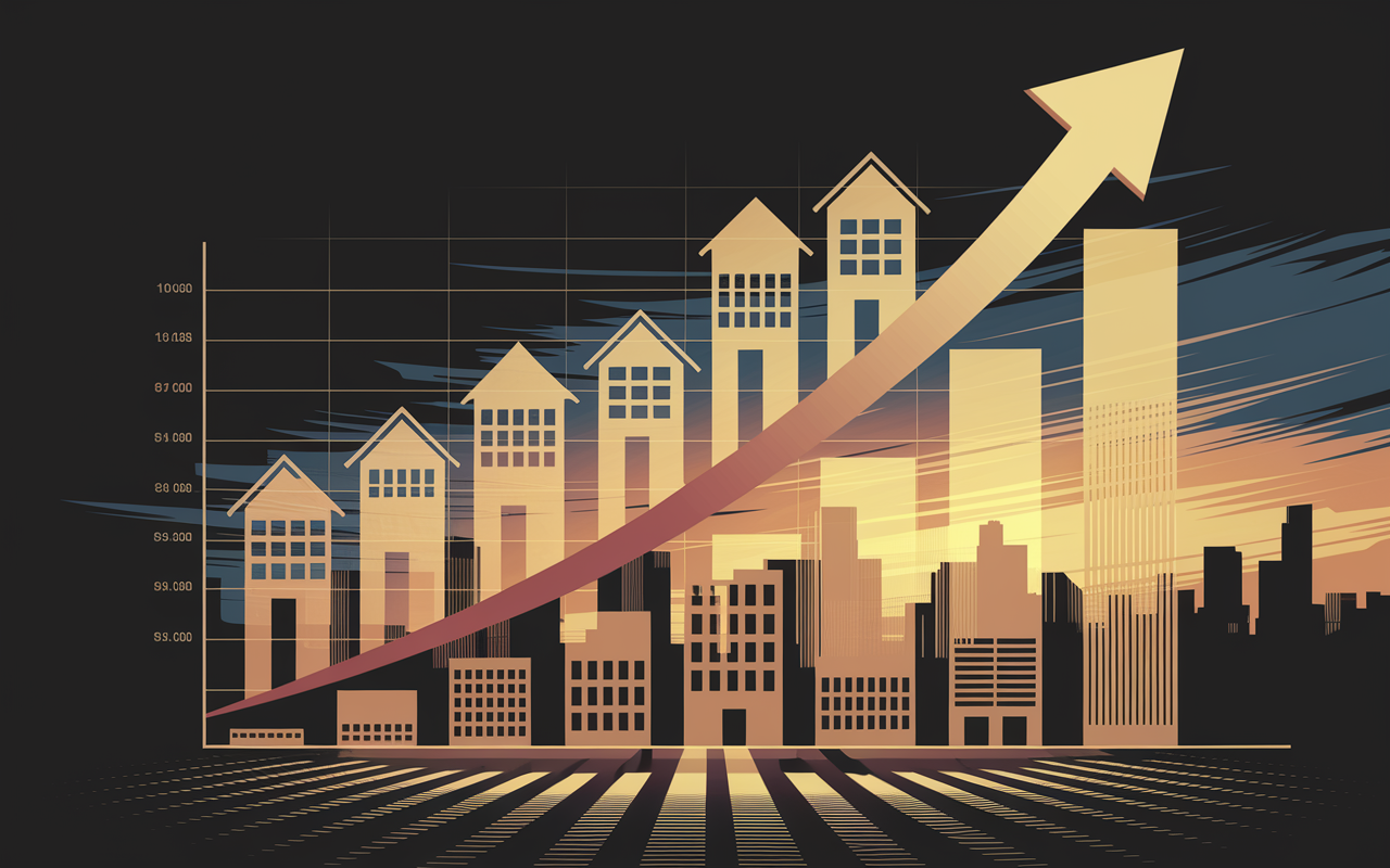 A dynamic graphic symbolizing the potential for high returns in real estate investment. The image features a rising arrow chart overlaying silhouettes of various property types: apartments, offices, and warehouses. The atmosphere conveys excitement and optimism about financial growth, with golden hues representing wealth and opportunity. The backdrop includes an urban skyline at sunset, indicating a bright financial future.