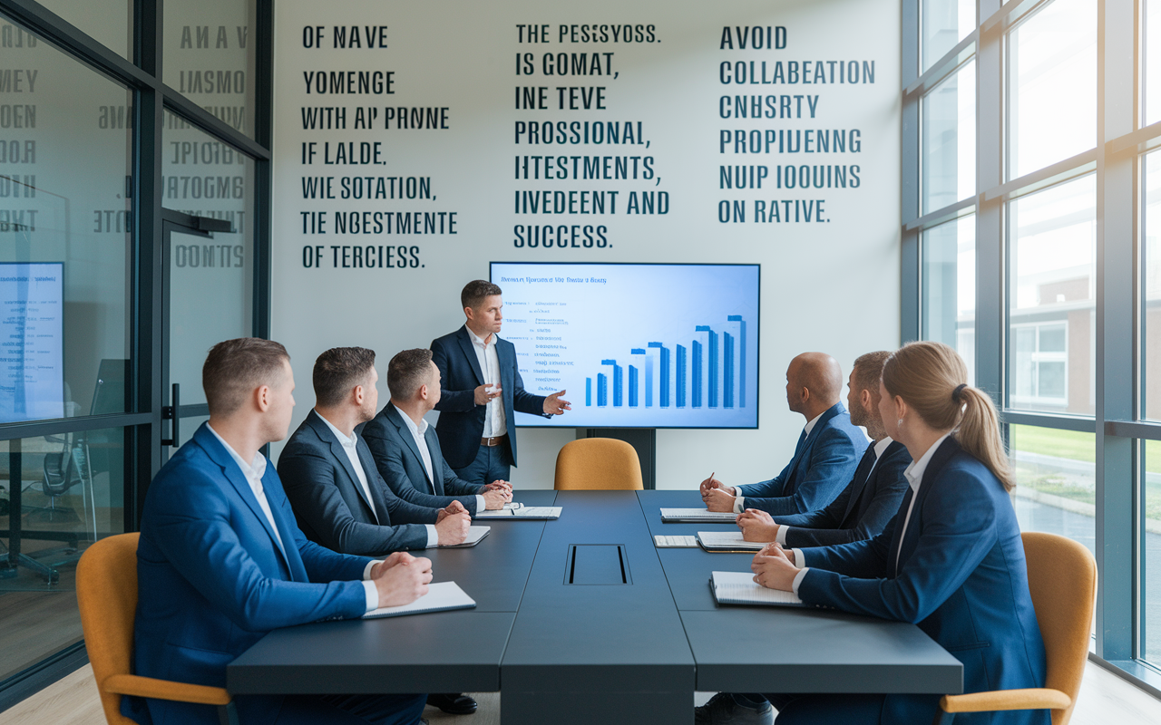 A professional property manager discussing strategies with a group of investors, seated around a large table in a modern office space. The manager presents a property management plan on a screen, while investors attentively listen, taking notes. The room is filled with natural light, and the walls are decorated with inspiring quotes about investment and success. The scene exemplifies collaboration and confidence in professional property management.