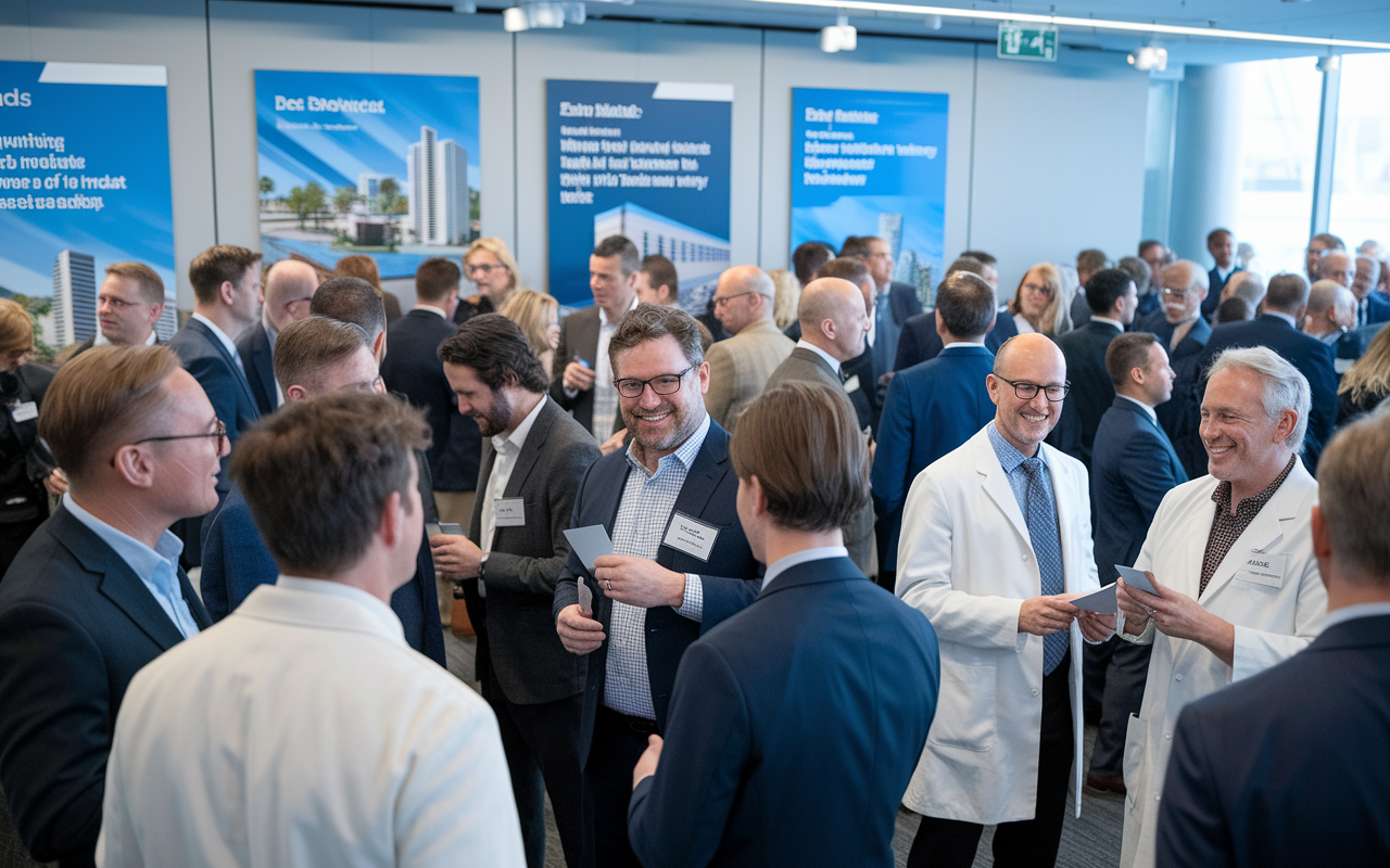 A vibrant networking event where physicians and real estate professionals interact, exchanging ideas and business cards. The setting is a modern conference room, with posters displaying real estate success stories. Attendees are engaged in conversation, forming connections, and discussing potential investment opportunities. The atmosphere is energetic, filled with smiles and laughter, highlighting the importance of networking in the finance and medical fields.