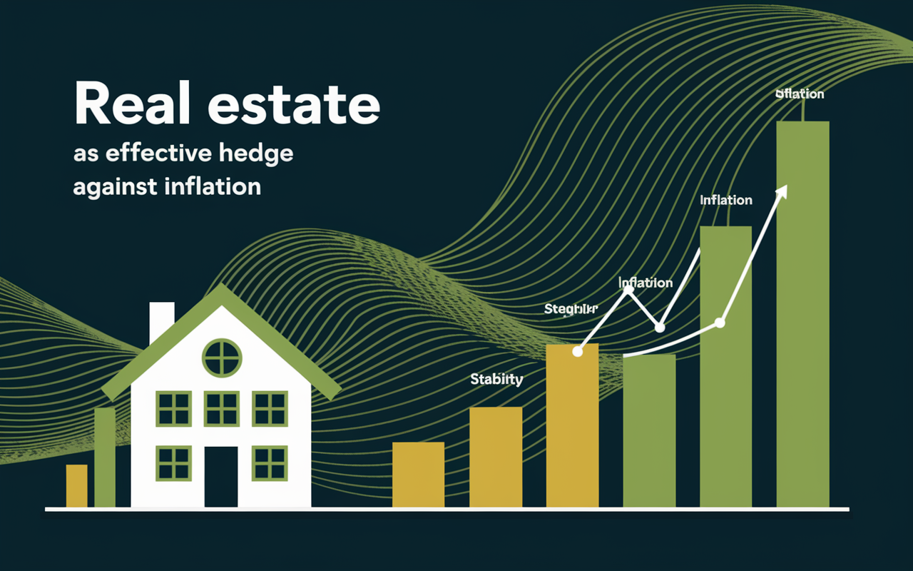 An infographic showcasing real estate as an effective hedge against inflation. The image includes visual symbols like a house with rising property values depicted as a bar chart, alongside an inflation graph showing stability through rising costs. The colors of green and gold emphasize stability and growth, with a clear connection between real estate investment and inflation protection. The background features an abstract design representing economic resilience.