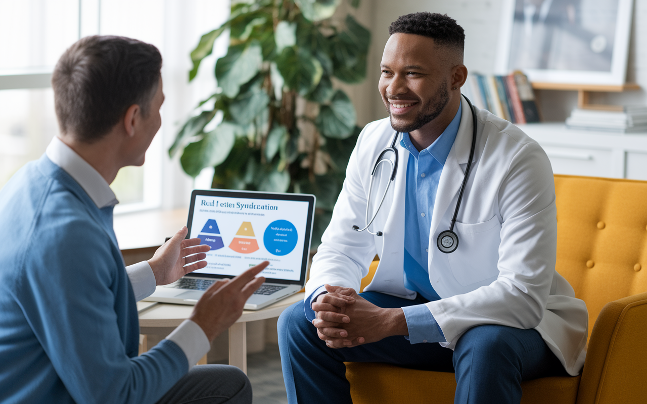 A welcoming scene featuring a physician engaging in a conversation with a financial advisor about real estate syndication. The advisor shows the physician simple charts and accessible programs that demonstrate investment options. A warm, inviting office with comfortable seating symbolizes ease and understanding, fostering a supportive atmosphere for navigating real estate investments.