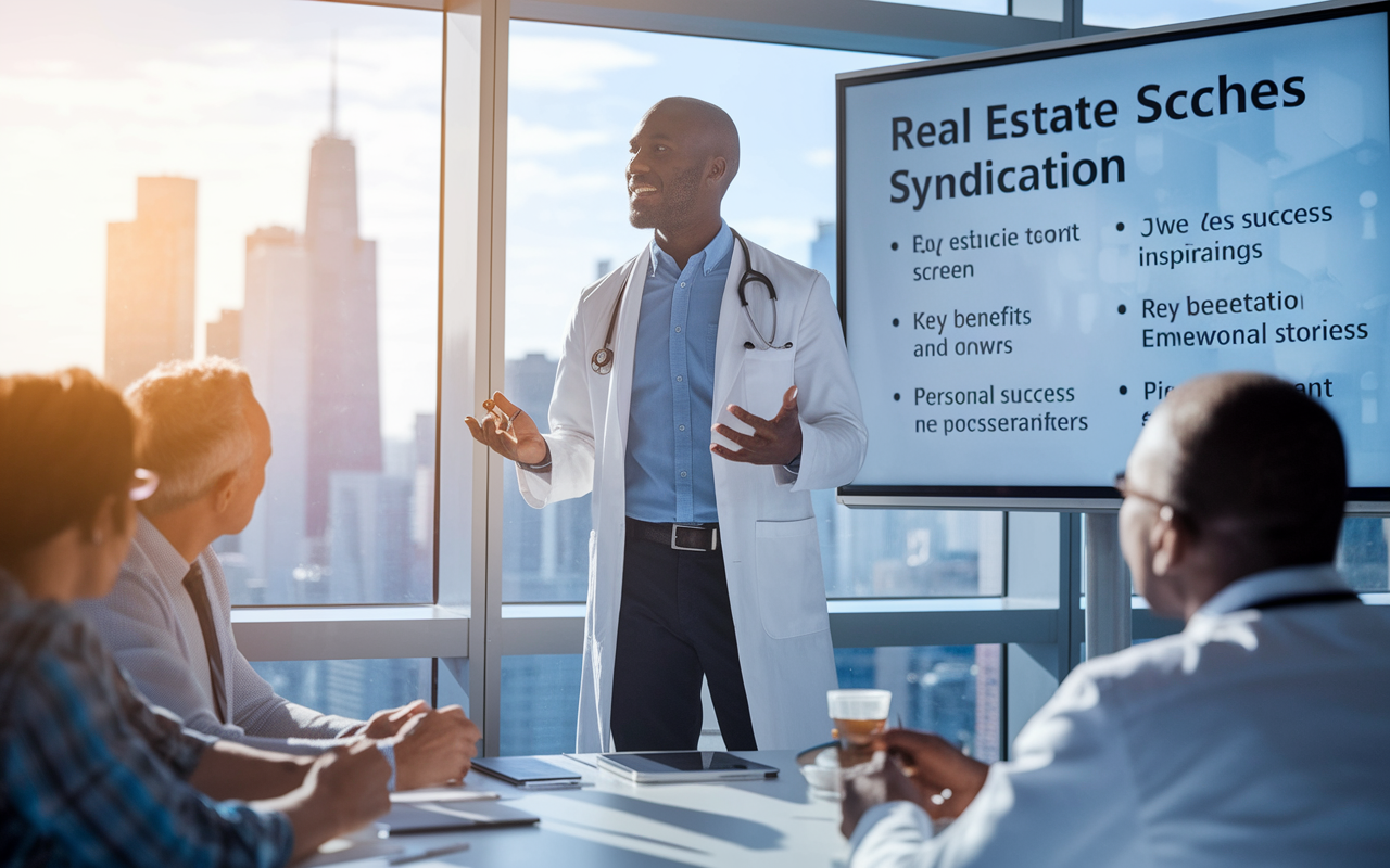 A confident physician sharing insights about real estate syndication at a professional seminar. The physician stands next to a presentation screen displaying key benefits and personal success stories. The audience appears engaged, some jotting down notes. The atmosphere conveys inspiration and empowerment, with bright lighting illuminating the speaker, framed by an urban skyline visible through large windows.