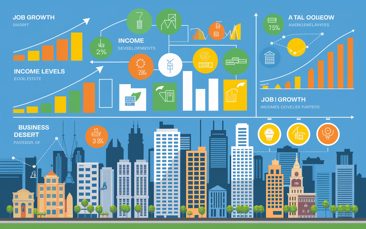 A vibrant infographic showcasing various economic indicators impacting real estate, including graphs of job growth, income levels, and business developments represented in the form of colorful icons overlaid on a background of a thriving cityscape. The image utilizes bright colors for visual appeal and clarity.