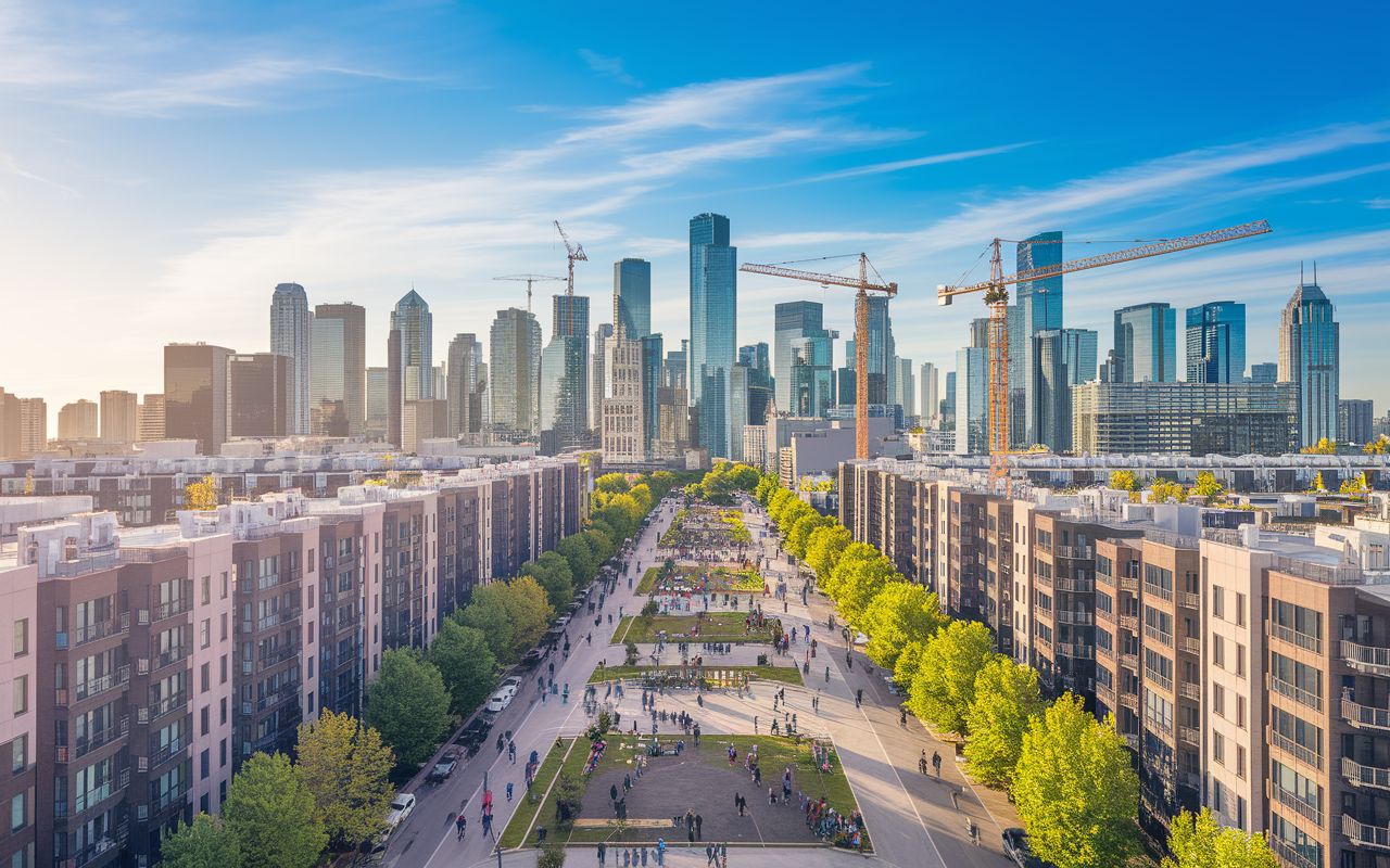 Aerial view of a vibrant cityscape highlighting a bustling urban area with construction cranes, new apartment buildings, and people engaged in activities outdoors. The skyline features a mixture of modern and traditional architecture under a clear blue sky, symbolizing growth and opportunity. The image captures a sense of optimism and potential.