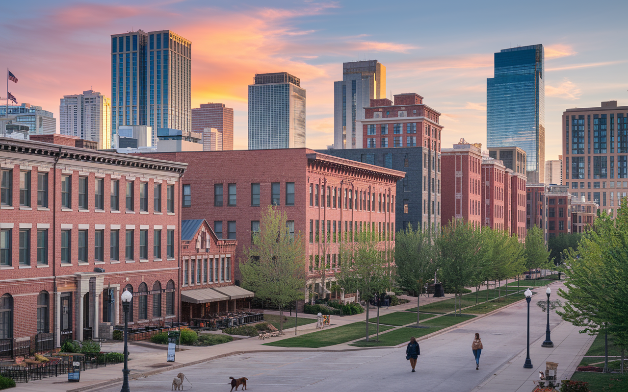 A picturesque urban neighborhood in Denver, Colorado, showcasing a combination of classic red-brick buildings and modern condos. The image captures the liveliness of the community with people walking their dogs, quaint cafes, and parks, highlighting the charm and growth potential in established markets. Soft lighting at sunset enhances the warmth of the scene.