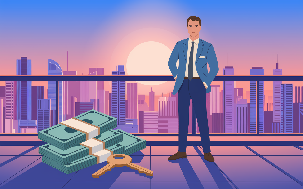 An illustration of a confident physician dressed in smart casual attire, standing on a balcony with a panoramic view of a bustling city. In the foreground, stacks of money and property keys symbolize successful real estate investment. The sunset creates a warm glow, emphasizing the achieved financial freedom and success of navigating the investment landscape.