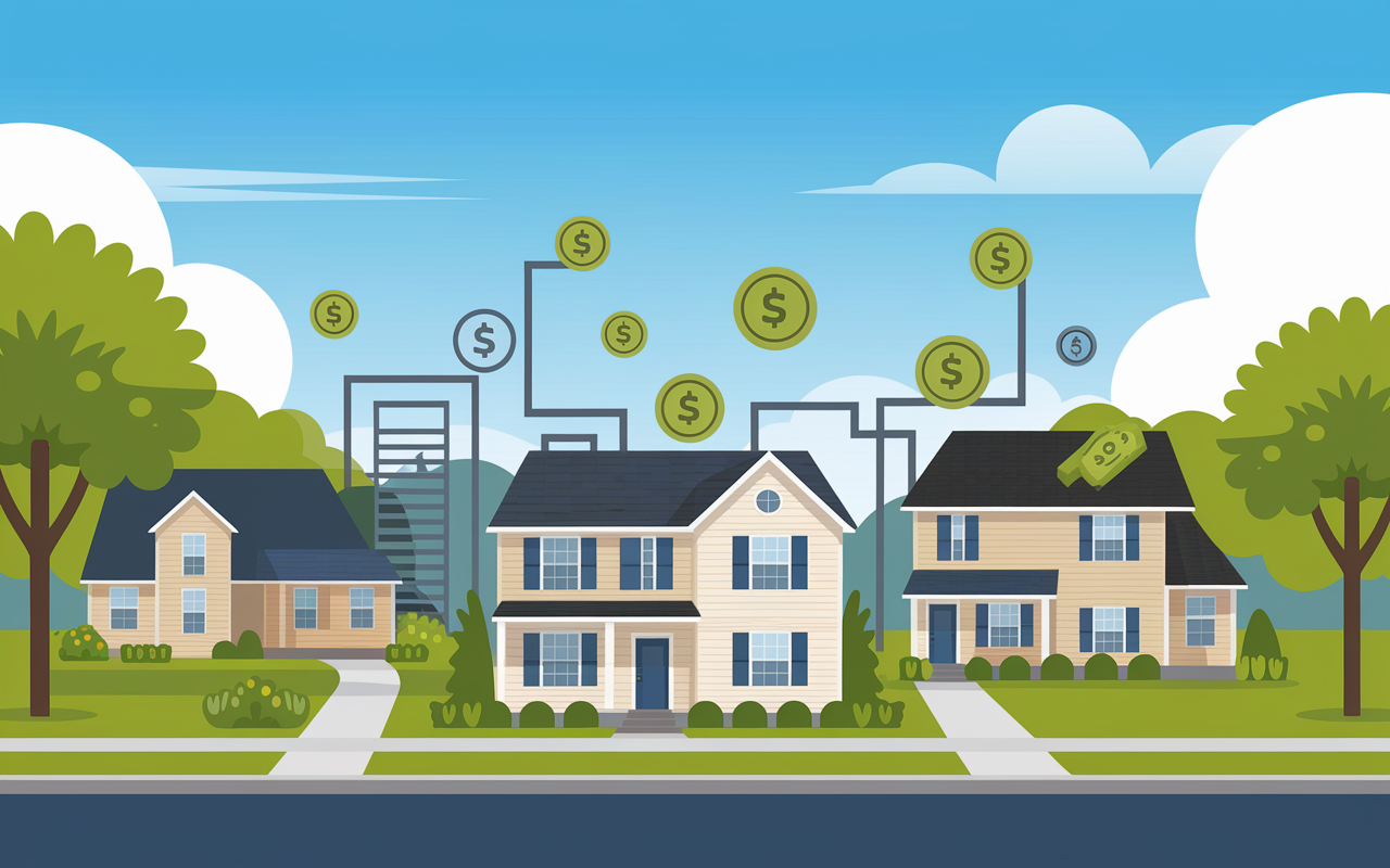 A visually engaging representation of real estate concepts with overlaying elements like a miniature house, structures representing apartments or duplexes, and currency symbols depicting cash flow. The background is a suburban landscape with trees and well-maintained lawns, showcasing the stability and potential growth of real estate investments. Clear blue sky and bright daylight, evoking a sense of opportunity and financial prosperity.