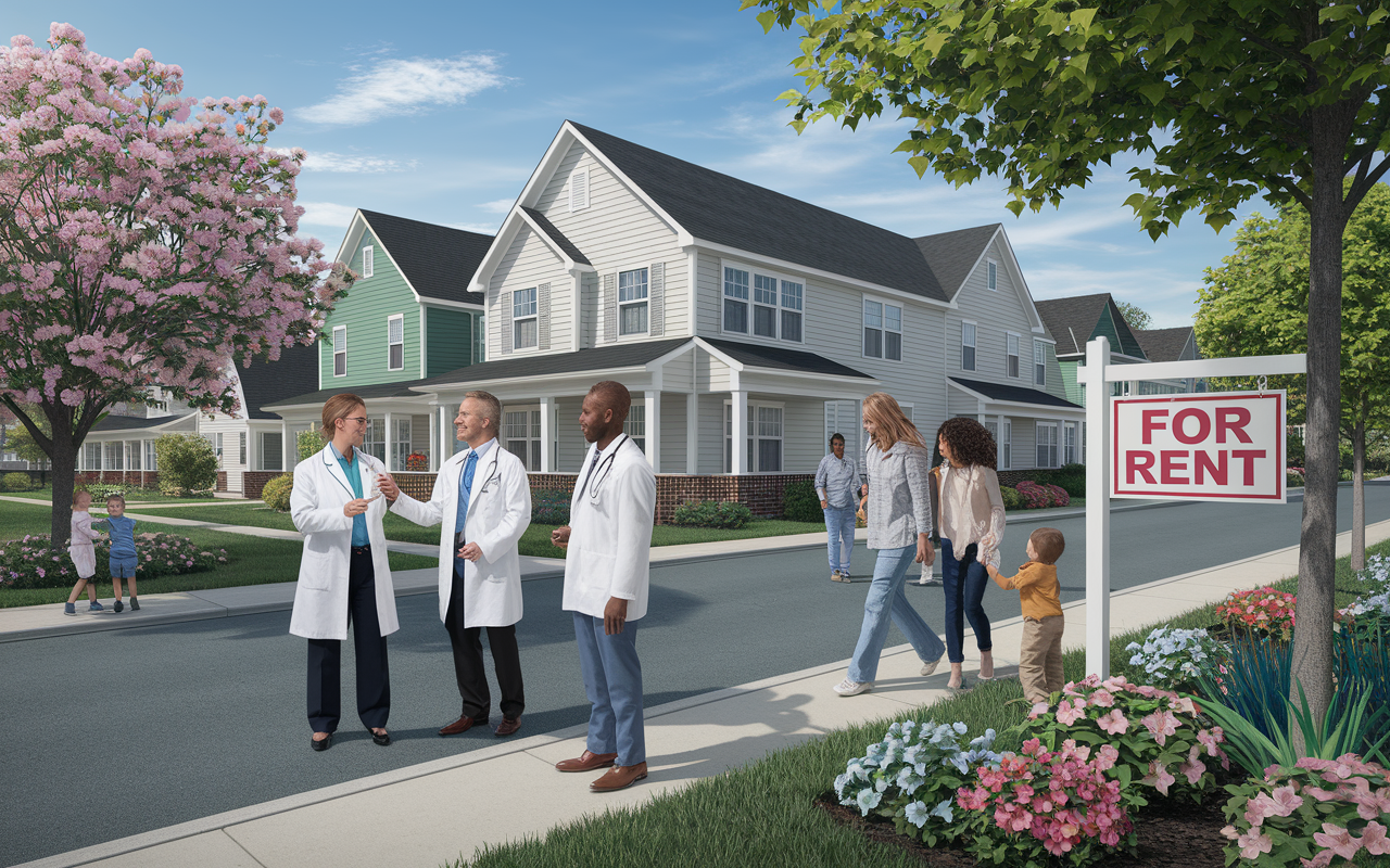 An inviting streetscape with physicians interacting positively with local community members, highlighting the integration of medical professionals into their neighborhoods. Vibrant scenes of a busy real estate property with a 'For Rent' sign in front of a welcoming duplex. In the background, playful children and adults enjoying the park, with trees and colorful flowers presenting a welcoming and thriving community atmosphere, symbolizing connection and engagement.