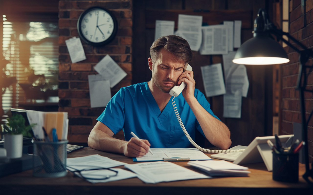 A visual representation of a frustrated physician dealing with property management issues, depicted in a cozy, cluttered office environment. Papers are scattered, and a phone rings incessantly with a distressed tenant on the line. The physician, in scrubs and looking overwhelmed, glances at a wall clock indicating a late hour. The lighting is warm but dim, capturing the stress and time demands of property management as a physician juggles their medical career.