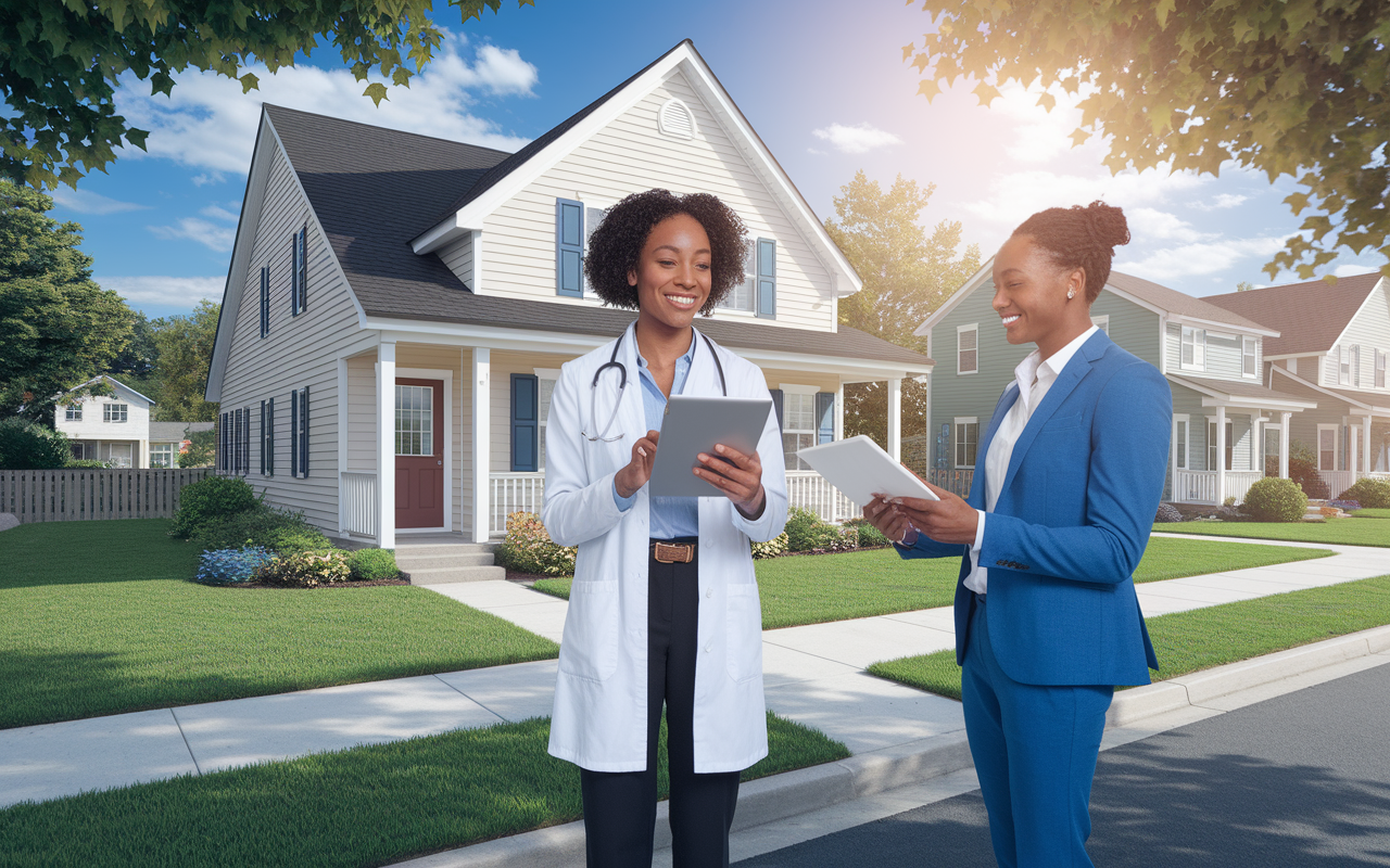 A scene depicting Dr. Sarah, an orthopedic surgeon, showcasing her success in real estate investing. She stands proudly in front of a well-maintained duplex she recently purchased, smiling as she reviews documents with a property manager on her tablet. The surrounding area is vibrant with greenery and friendly neighbors in the background. The atmosphere is sunny and hopeful, symbolizing achievement and financial freedom through her real estate journey.