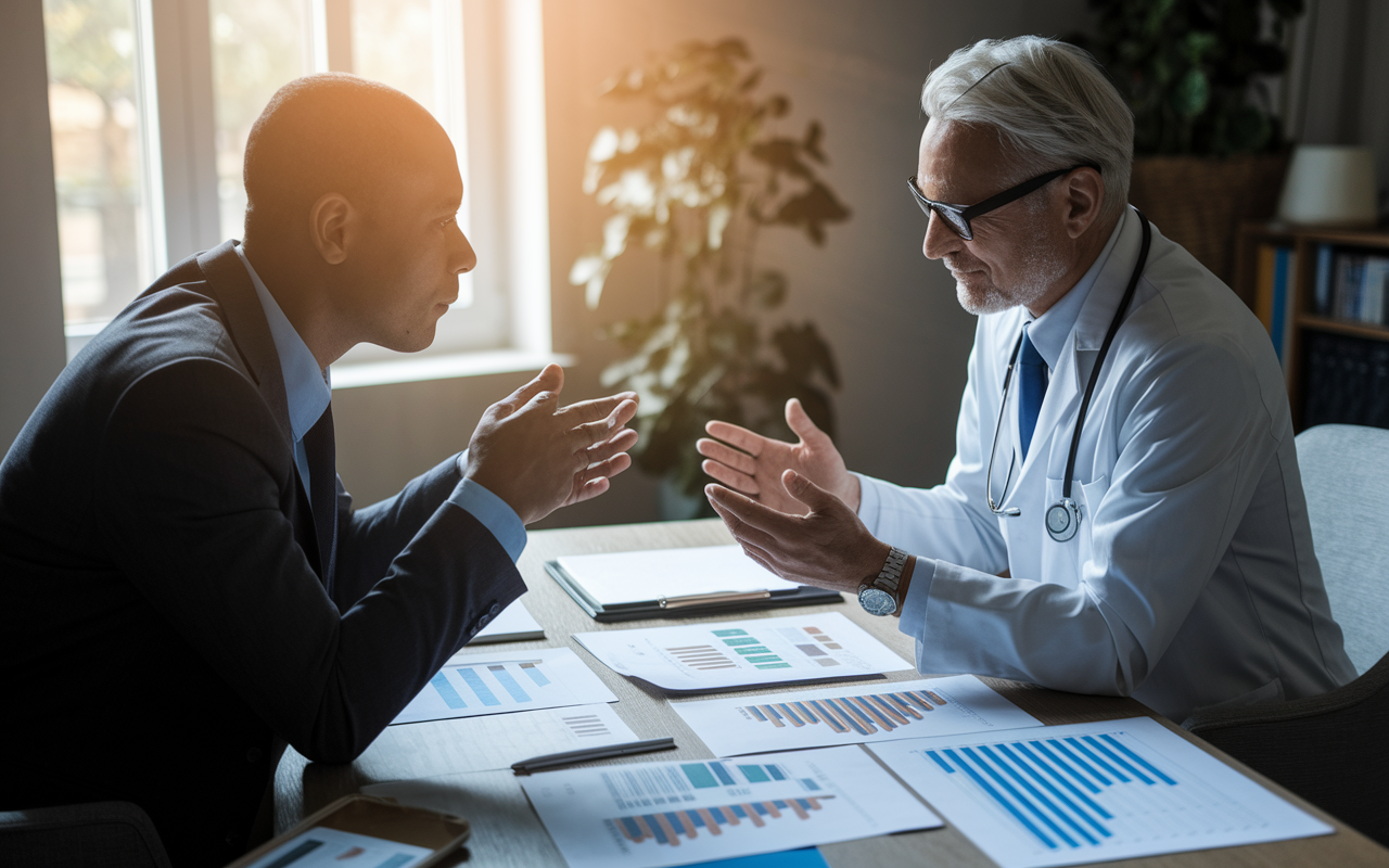 A thoughtful and serene advising session between a financial advisor and a physician in a cozy office setting. They are discussing investment strategies with a variety of charts and housing market analyses spread across the table. The light is soft yet inviting, with a comforting ambiance. This visual conveys the importance of careful planning and professional guidance in making informed real estate investment decisions.