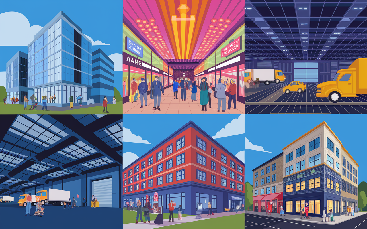 A vibrant collage illustrating different types of commercial real estate properties. Features include a sleek office building with modern architecture, a bustling retail space full of shoppers and bright signage, an expansive industrial warehouse with trucks loading goods, a multi-family apartment complex with families, and a mixed-use development showcasing shops and apartments. Bright colors and diverse scenes reflect opportunities in commercial real estate.