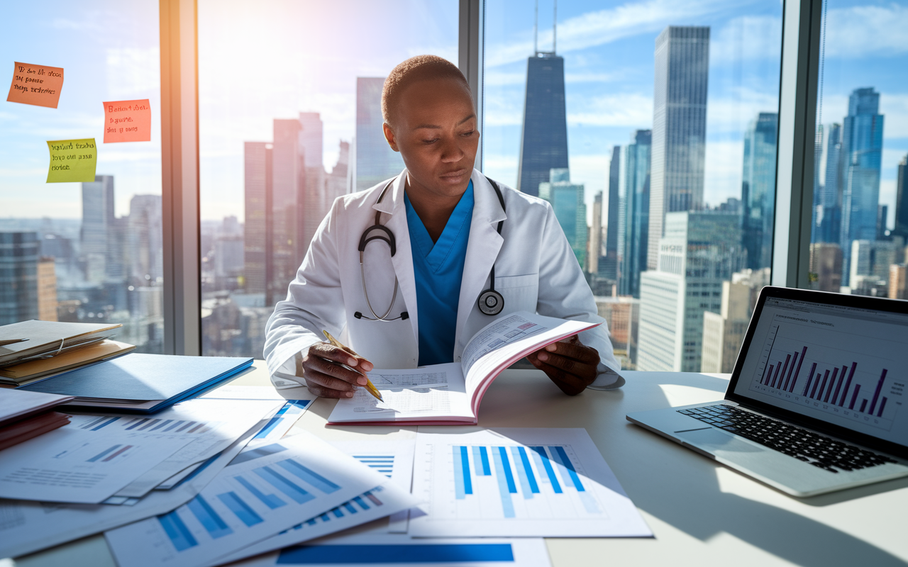 A determined physician sitting at a desk in a bright office, studying a commercial real estate investment guide. Various papers, charts, and a laptop displaying research on potential properties surround them. The window shows a bustling city skyline, creating an atmosphere of ambition and growth. Natural light pours in, emphasizing focus and aspiration. Post-it notes filled with important reminders are pinned to the wall.