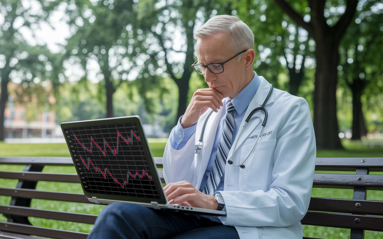 A thoughtful physician contemplating investment challenges while seated on a bench in a park. They are looking at a laptop displaying fluctuating real estate market graphs and notes filled with potential risks. The park is serene with light filtering through trees, symbolizing a moment of reflection amidst the complexities of investing. Pensive expression reflects the gravity of decision-making in commercial real estate.