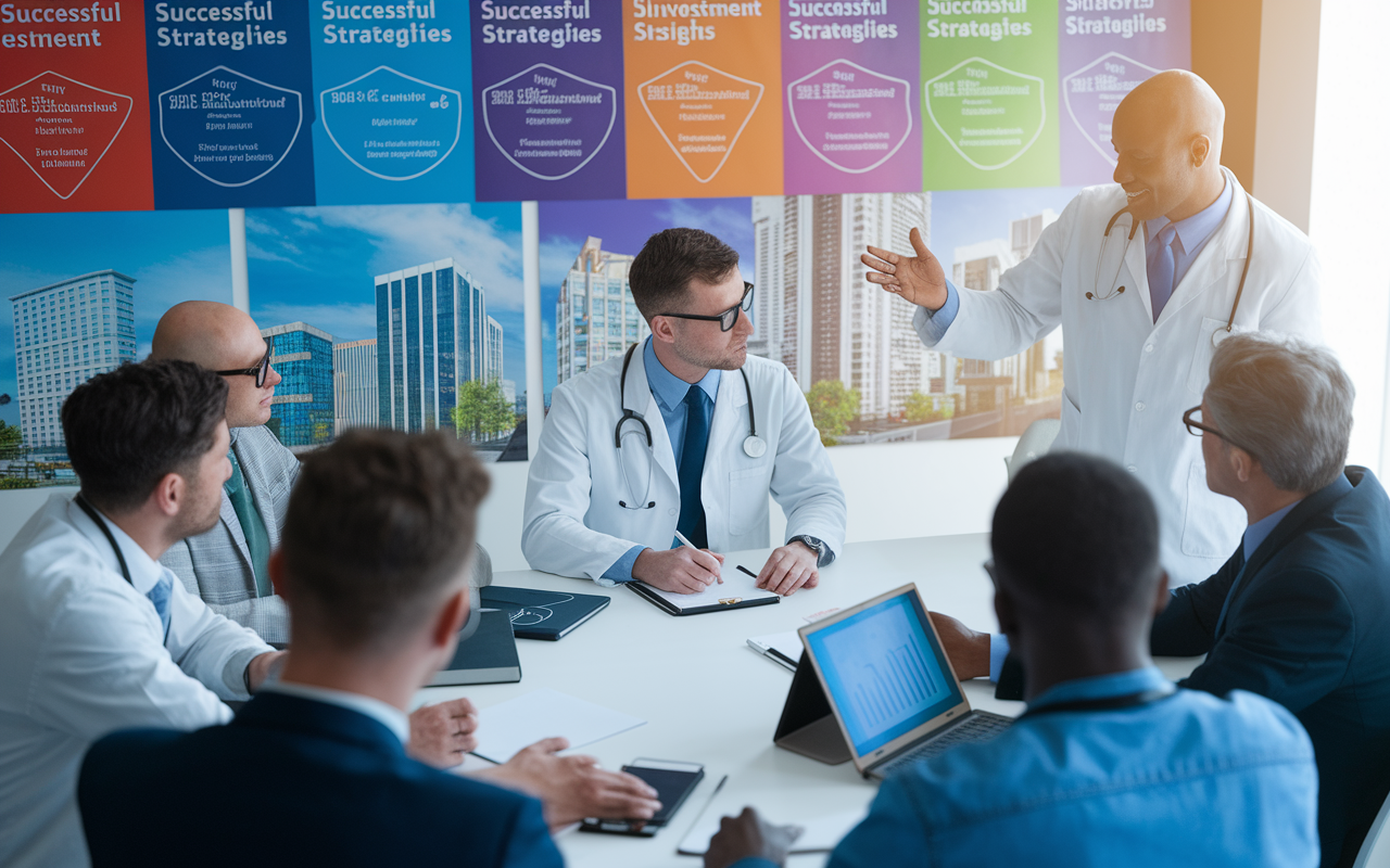 A motivational environment with a physician engaging in a real estate workshop, surrounded by peers. The room is filled with colorful posters outlining successful investment strategies and vibrant visuals displaying industry insights. The physician is taking notes while a speaker enthusiastically presents on the properties' value. Bright lighting emphasizes energy and collaboration.