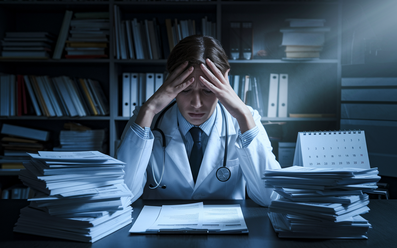 A worried physician, sitting at a desk with a stack of bills and student loan statements. The expression on their face reveals stress due to financial burdens. The office is dimly lit, with an overflowing bookshelf and a calendar filled with tight schedules in the background, symbolizing the pressure of balancing work and finances. Soft shadows create a somber atmosphere, highlighting the weight of their responsibilities.