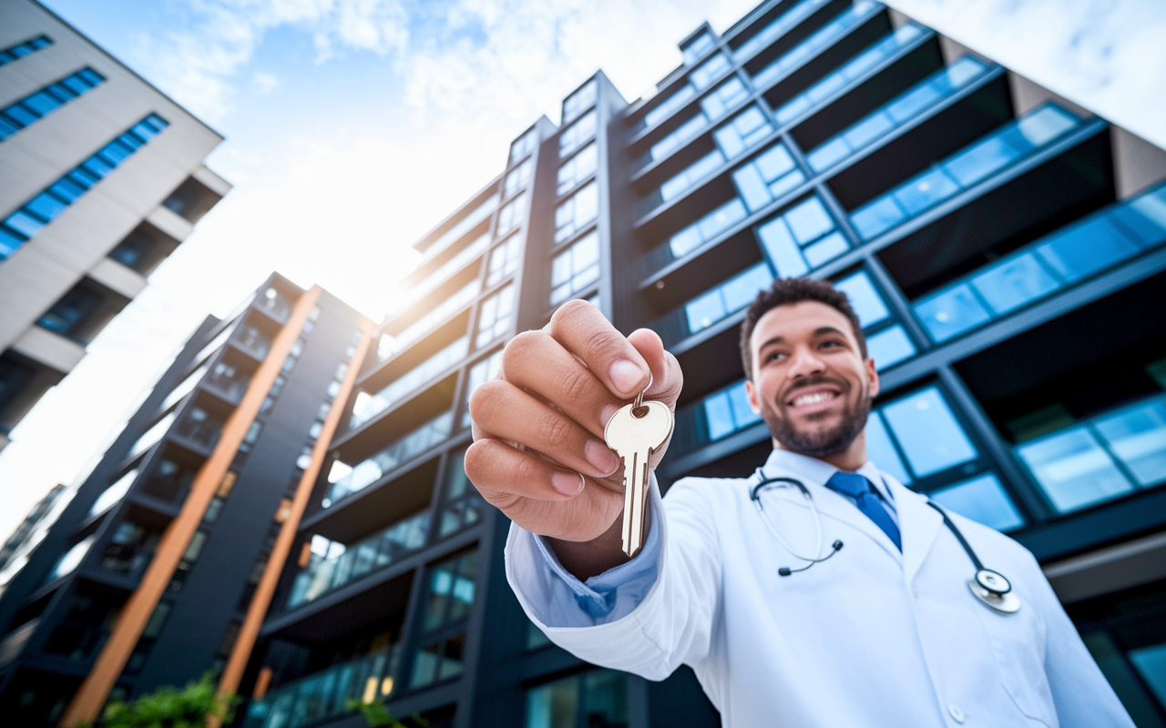 An upward perspective of a contemporary apartment building in an urban setting, with the sun setting behind it. The foreground features a smiling physician holding a set of keys, symbolizing the pride in property ownership. The building's windows glint in the warm light, representing sustainable income potential. The atmosphere conveys optimism and successful investment, highlighting the promise of passive rental income.