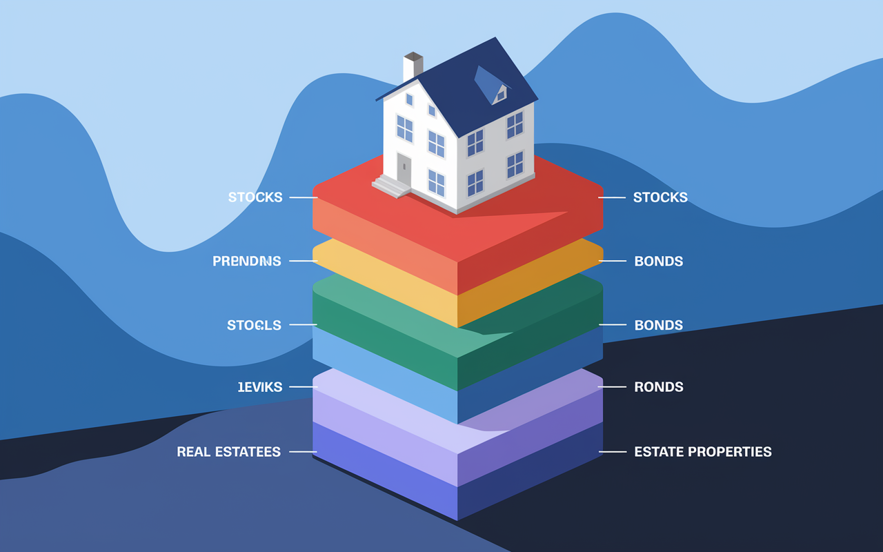 A multi-layered graphic showing a comparison of investment types: stocks, bonds, real estate properties. Each layer represents a different risk level and potential returns, with real estate standing out in a vibrant color as a stable option. The background has a calming blue gradient, implying long-term growth and security, as well as an infographic style conveying clear, informative insights.