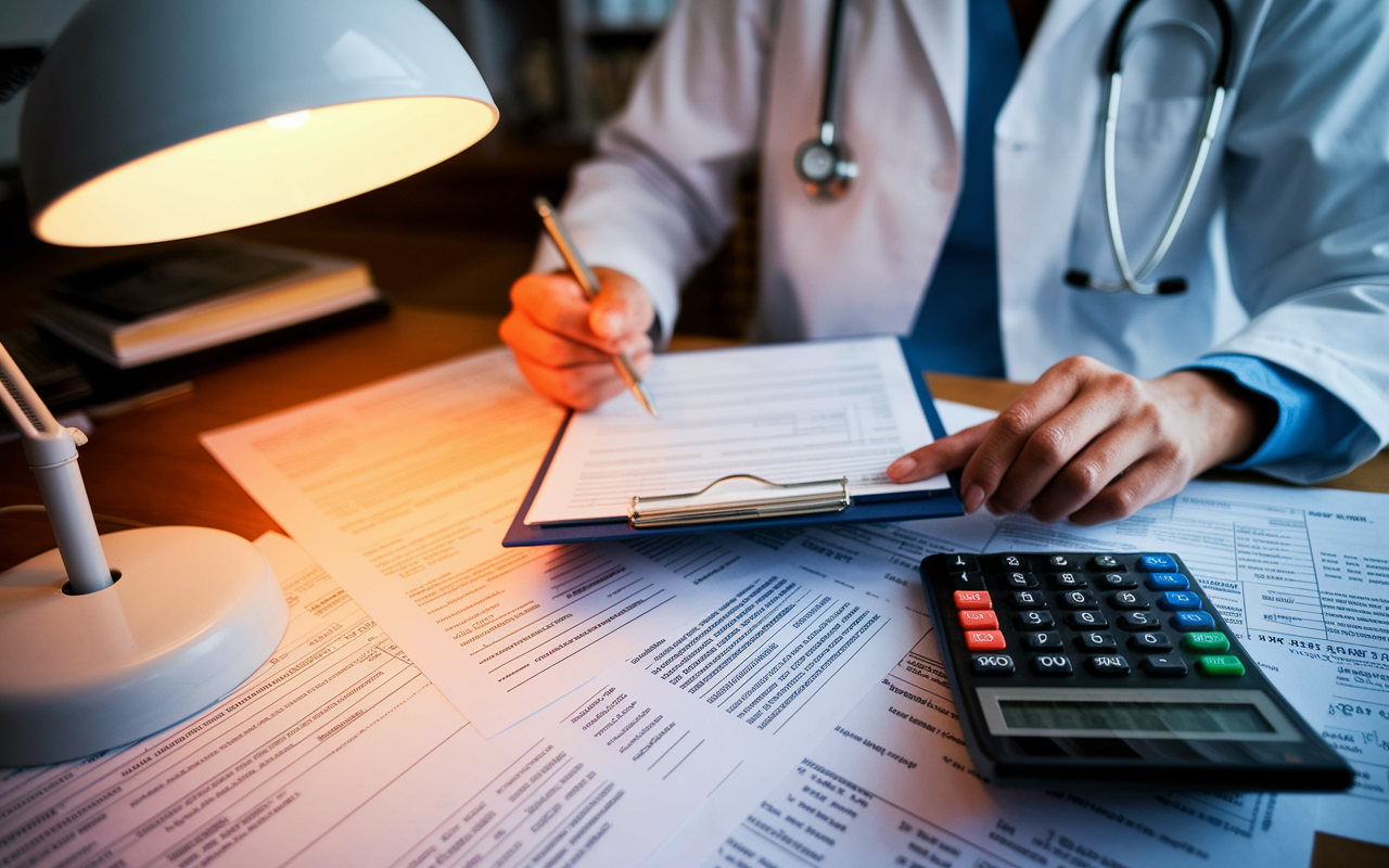 A close-up of a physician analyzing financial documents at a desk cluttered with tax forms and a calculator. The documents illustrate tax deductions and investment details, revealing strategies that reduce taxable income. A calculator shows calculations related to depreciation deductions. Warm, ambient light from a desk lamp casts a cozy scene, highlighting financial planning and informed decision-making.