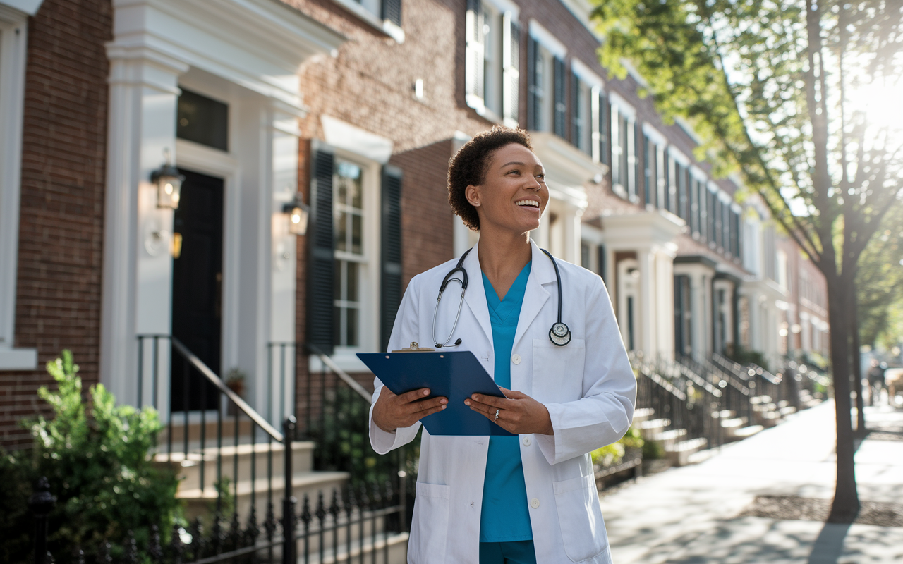 A confident physician standing outside a stylish townhouse, overseeing a property investment. With a clipboard in hand, they assess the property while enjoying the sunny day. The background captures the warm charm of the neighborhood, filled with green trees and friendly local businesses. The scene emits empowerment, control, and active participation in their real estate venture.