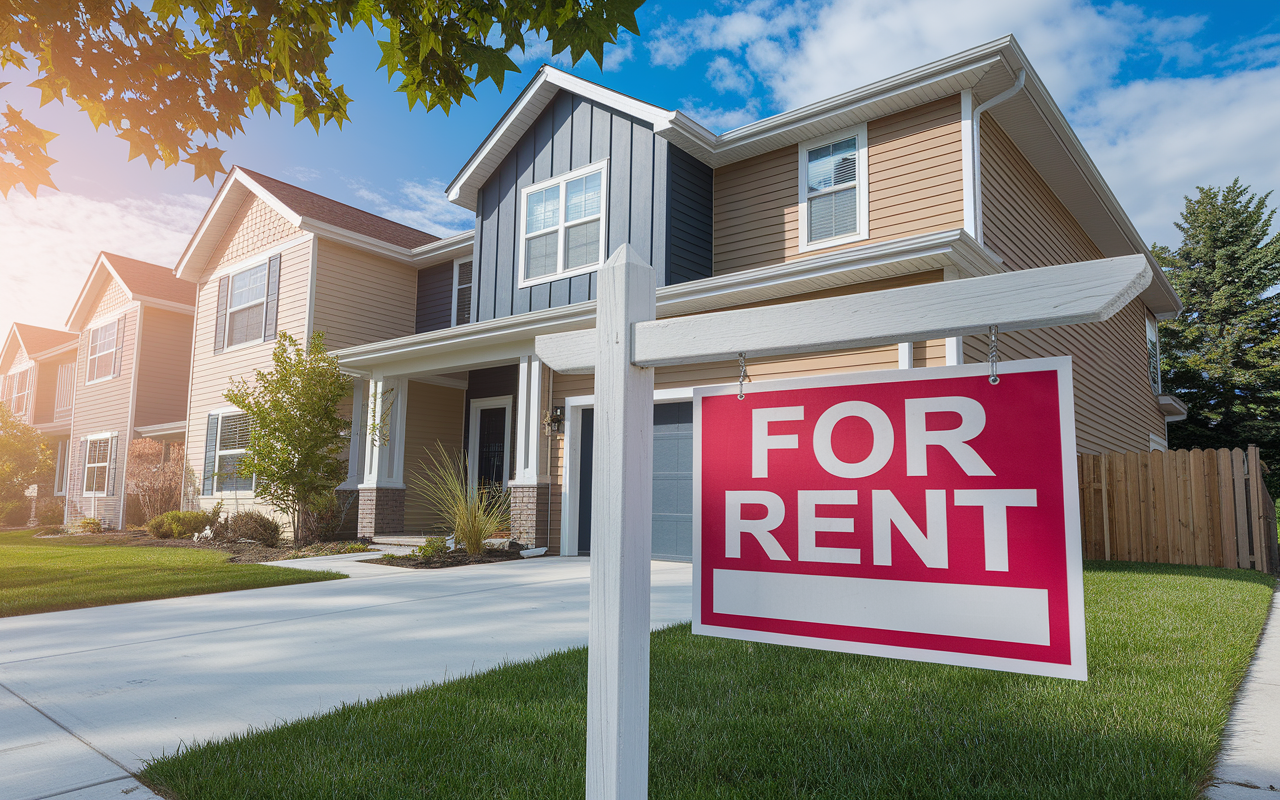 A composite image showcasing a contemporary single-family home and a multi-family unit, emphasized with 'For Rent' signs. The scene encompasses a vibrant neighborhood bustling with activity and interest, illustrating the rising demand post-pandemic. Sunlight illuminates the homes, creating an inviting atmosphere for potential renters. The image highlights the opportunity in the rental market, encouraging investment.