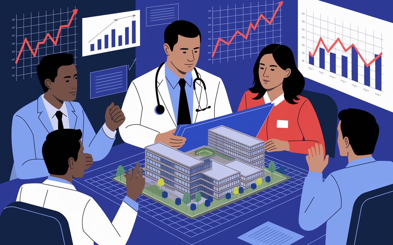 A physician examining a blueprint and a rendering of a modern healthcare facility, surrounded by colleagues discussing their investment plans. The vibrant colors and dynamic setting capture the essence of collaboration and strategic planning. The room is filled with charts of growth in medical real estate, showcasing exciting opportunities they are willing to invest in.