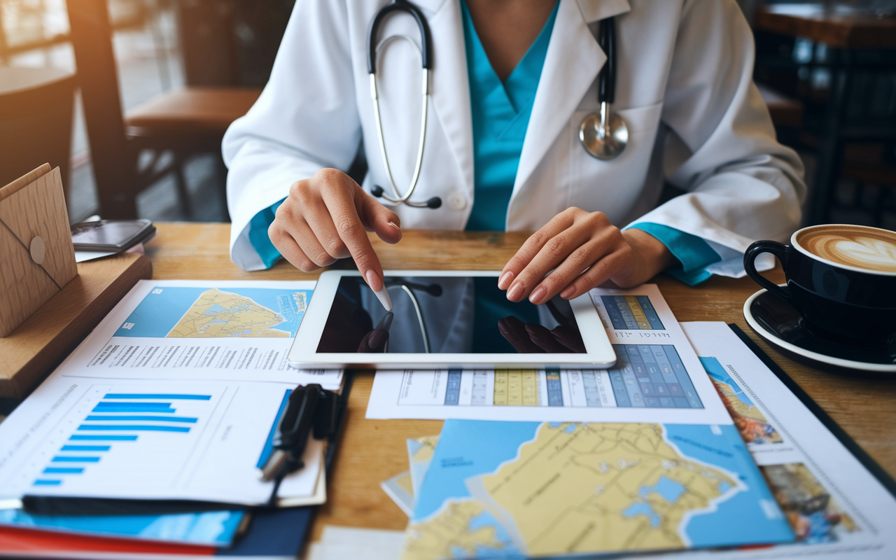 A physician at a coffee shop, intently researching real estate listings on a tablet. Around them are market research papers, maps, and a cup of coffee. The ambiance is relaxed yet focused, with warm lighting enhancing the spirit of investigation and learning. The scene underscores the importance of due diligence in the investment process.